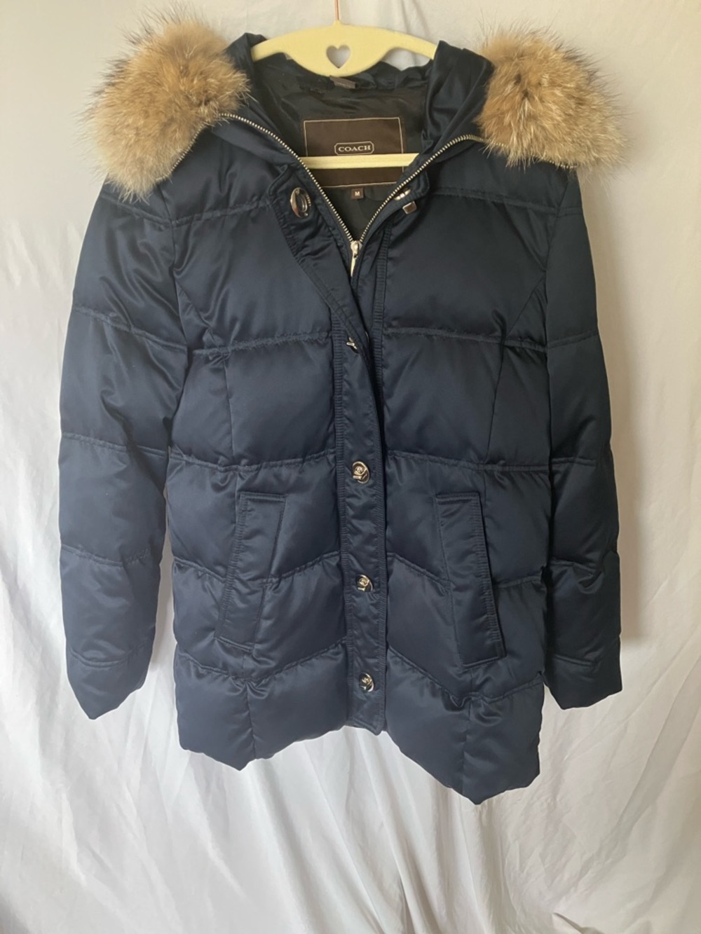 Coach: Navy Puffer Jacket Coat- Fur-Trim Hood- M